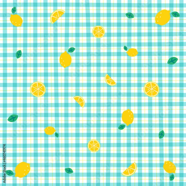 Fototapeta Cute Ornament Element Lemon Pastel Blue Gingham Pattern Editable Stroke. Cartoon Illustration, Mat, Fabric, Textile, Scarf, Wrapping Paper.