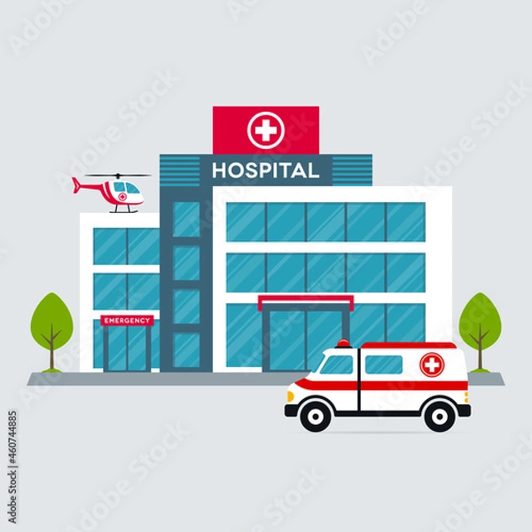 Obraz Hospital Building with Ambulance Car and Helicopter