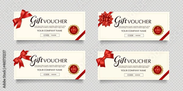 Fototapeta 白の台紙に4種類の赤いリボンのギフトカードベクターイラストセット