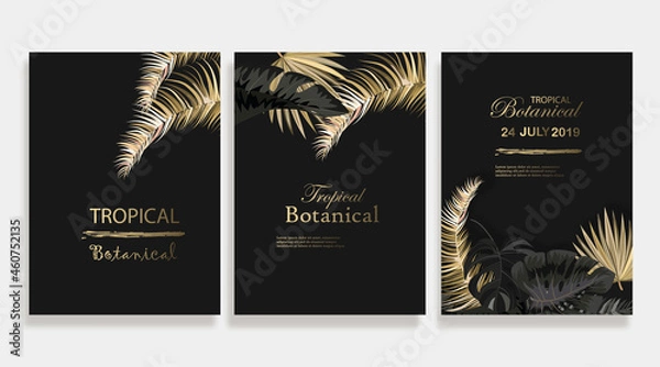 Fototapeta Vector arrangement with black and gold tropical leaves on dark background. Luxury exotic botanical design for cosmetics, spa, perfume, aroma, beauty salon.