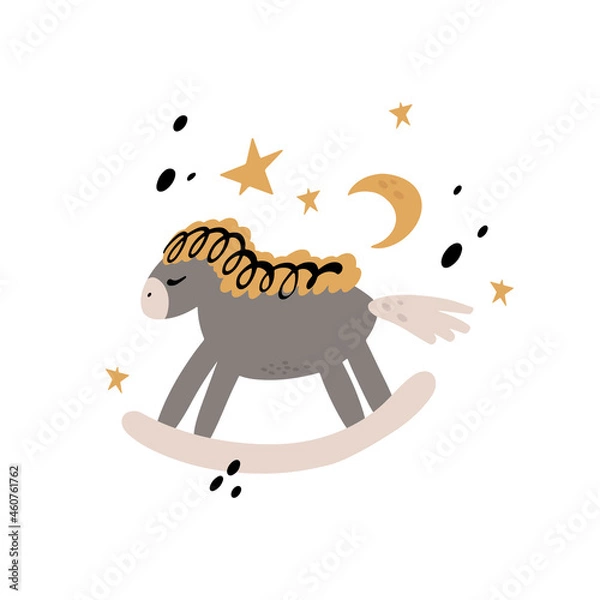 Fototapeta Rocking horse on the background of the moon and stars. Childrens illustrations in cartoon style isolated on white background. For printing on children's clothing, stickers.