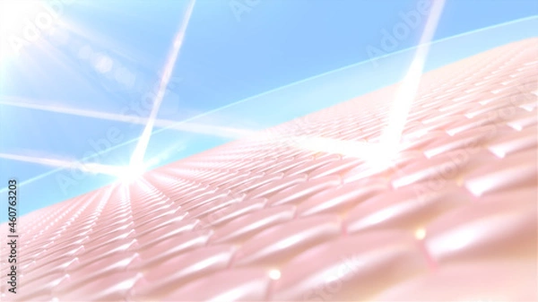 Fototapeta 3D Rendering skin cell with UV protection. Ultraviolet shield reflect. Advertisements for cosmetics, sunblock, lotion, serum. UV protection