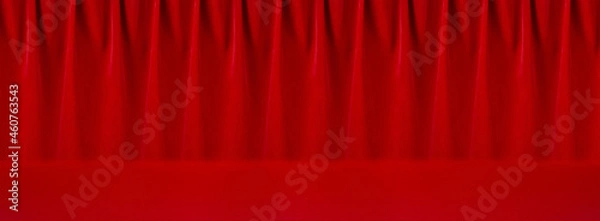 Fototapeta Rich classic abstract theatre scene with red silk curtains with smooth waves as banner for website. Empty stage background, banner for design of header, showing, presentation of produce.