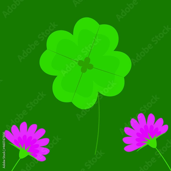 Fototapeta Clover leaf with flowers on a green background. Vector isolated image.