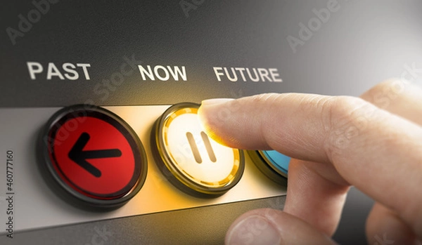 Fototapeta Time machine concept. Returning to the past, living in the present moment or in the future.