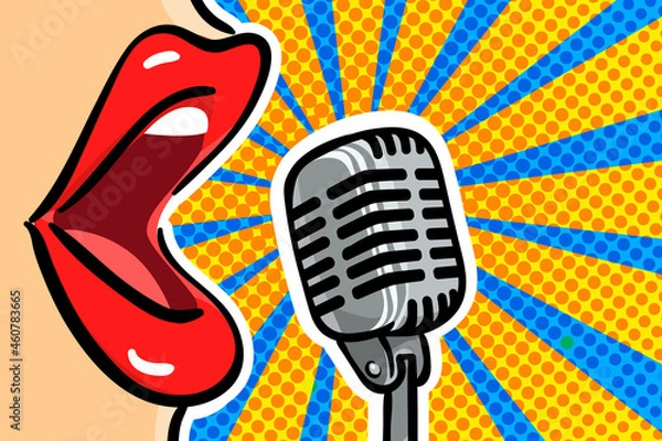 Fototapeta Pop-art music singing woman's mouth with retro microphone