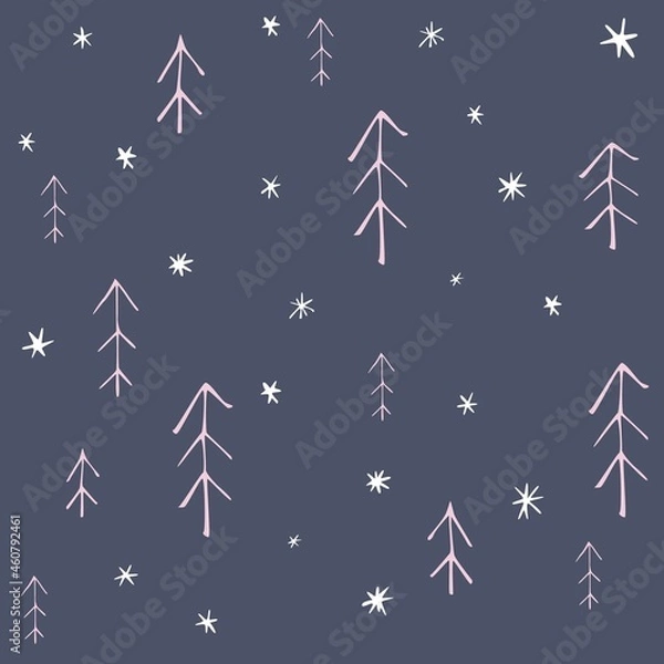 Fototapeta Seamless pattern with christmas trees in scandinavian style on snowy background. Simple minimalistic background for web, pint, wallpaper, wrapping paper, textile, scrapbooking.