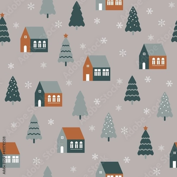 Obraz Seamless pattern with cute houses in snowy forest. Simple scandinavian style background with christmass mood for web, print, background, wallpaper, scrapbooking, wrapping paper, textile 