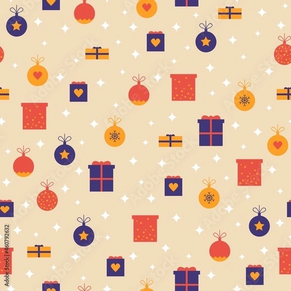 Fototapeta Seamless festive christmas background with tree decorations, gift boxes and stars Simple background with christmass mood for web, print, background, wallpaper, scrapbooking, wrapping paper, textile