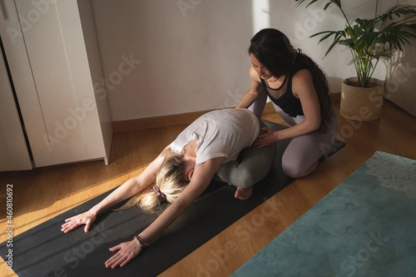 Obraz Yoga teacher correcting a woman's back stretching position at home