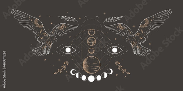 Fototapeta abstract illustration of a silhouette of the animal of the wild world. sacred geometry and celestial space bodies. bogemical of the sun and moon