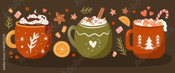 Obraz Christmas cups vector set. Collection of winter drinks in cozy mugs and sweets. Hand drawn flat illustration