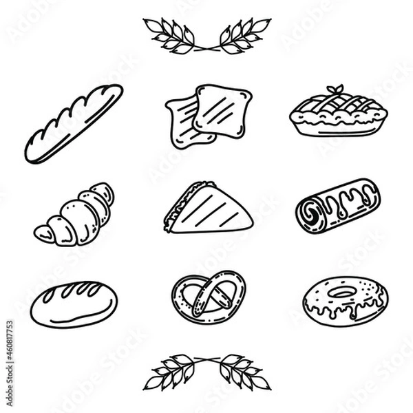 Obraz Set of isolated doodle elements. Bakery products. Ears of wheat. Icons: loaf, French baguette, croissant, pie, toast, pretzel and roll. Black and white image of food.