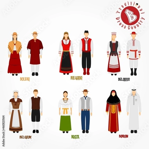Fototapeta Set of alphabet "B" cartoon characters in traditional clothes