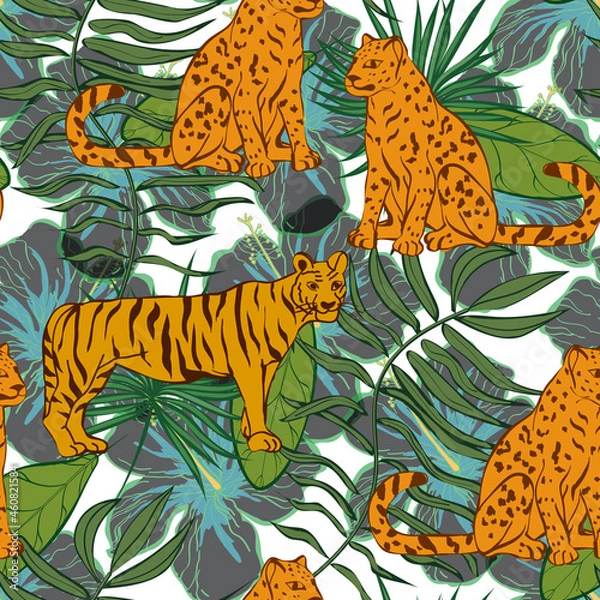 Fototapeta Cartoon Tiger and Leaves Vector Seamless Pattern.