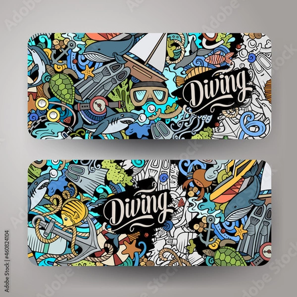 Fototapeta Cartoon cute colorful vector doodles Diving corporate identity.