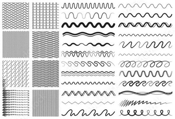 Fototapeta Wave lines. Drawing line, dividers or decorative ornaments. Zigzag seamless pattern collection, elements for diary, cards invitation vector set