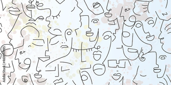 Fototapeta One line drawing. Abstract face seamless pattern.