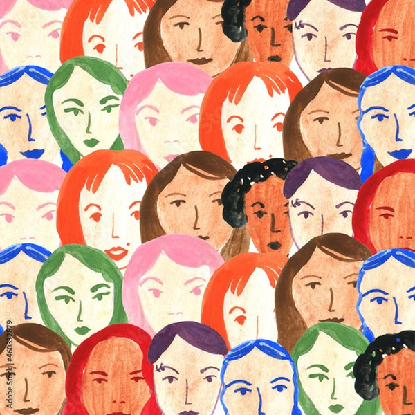 Fototapeta Illustration with different colorful woman faces on white background, pattern