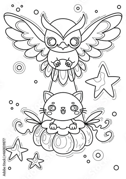 Obraz Coloring page with cat and owl, hand-drawn vector illustration.