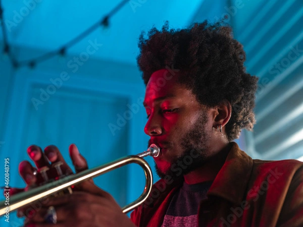 Obraz Young trumpeter performs at home