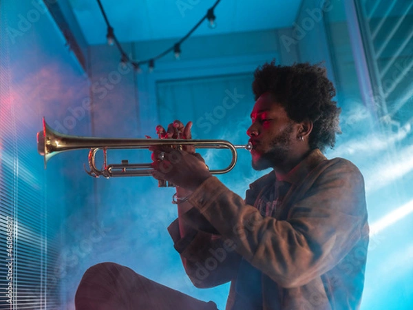 Obraz Young trumpeter performs at home