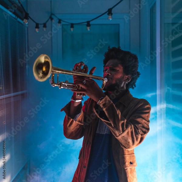 Obraz Young trumpeter performs at home