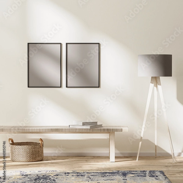 Fototapeta frames mock up in modern living interior, bright room with sunbeams, wall mock up, 3d rendering 