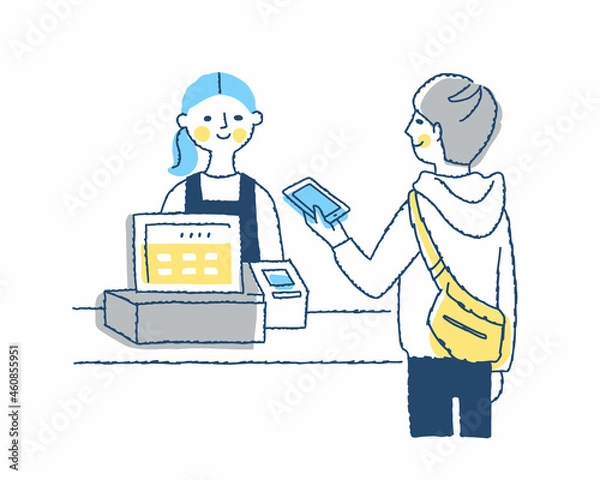 Fototapeta レジでの支払いをスマホでキャッシュレス決済する男性客