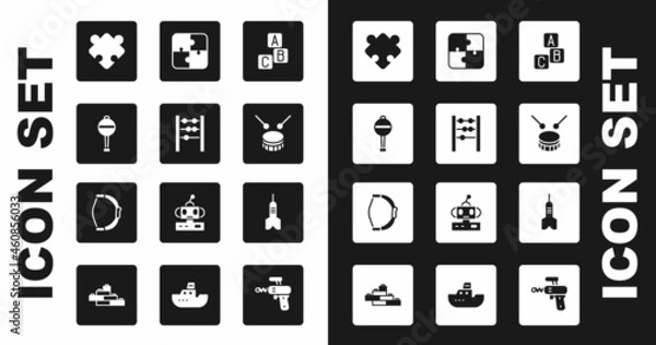 Fototapeta Set ABC blocks, Abacus, Rattle baby toy, Puzzle pieces, Drum with drum sticks, Dart arrow and Bow icon. Vector