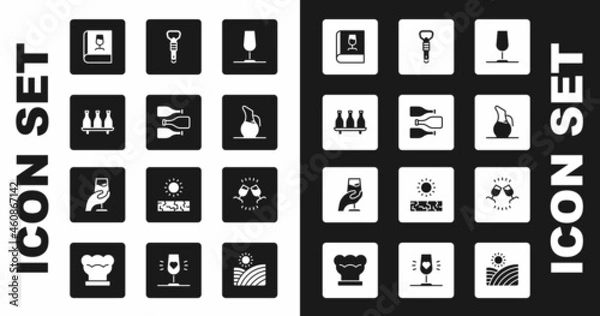 Fototapeta Set Wine glass, Bottles of wine, Book about, Decanter for, opener, tasting, degustation and icon. Vector