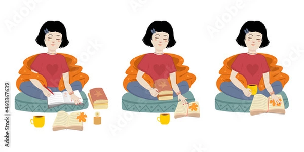 Fototapeta Young Asian girl sitting in a lotus position, wrapped in a blanket with books and a diary. Vector autumn stickers and patches with girls set.