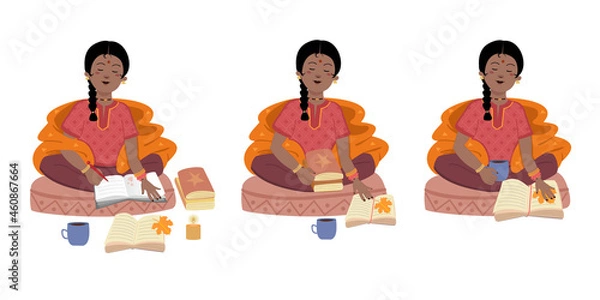 Fototapeta Young Indian girl sitting in lotus position, wrapped in a blanket with books and diary. Vector autumn stickers and patches with girls set.
