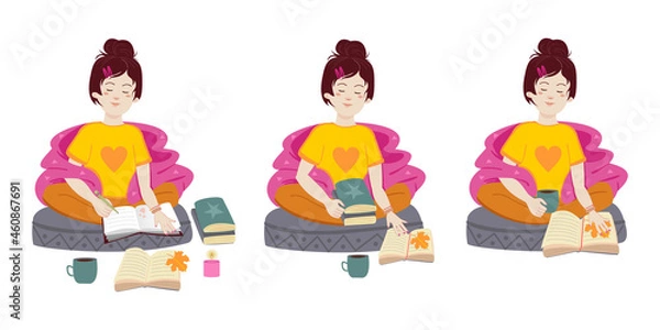 Fototapeta A young brunette girl sits in a lotus position, wrapped in a blanket with books and a diary. Vector autumn stickers and patches with girls set.