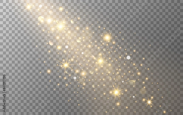 Fototapeta Shining gold particles. Christmas lights template. Magic bright trail. Glowing golden sparks and bokeh. Falling stars with gold dust. Vector illustration