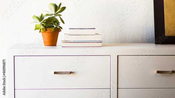 Fototapeta Interior of a stylish white and bright apartment with a close-up into a white furniture