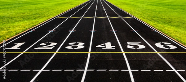Fototapeta All-weather black rubber running track with numbers for athlete, depth of field. Outdoor sports race field with green grass, compete run track. Start competition, goal concept.