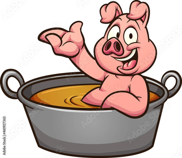 Fototapeta Cartoon pig bathing in a big casserole. Vector clip art illustration with simple gradients. All on a single layer.
