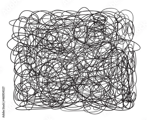 Fototapeta Chaos. Abstract tangled texture. Random chaotic lines. Hand drawn dinamic scrawls. Black and white illustration. Background with stripes. Universal pattern. Art creation