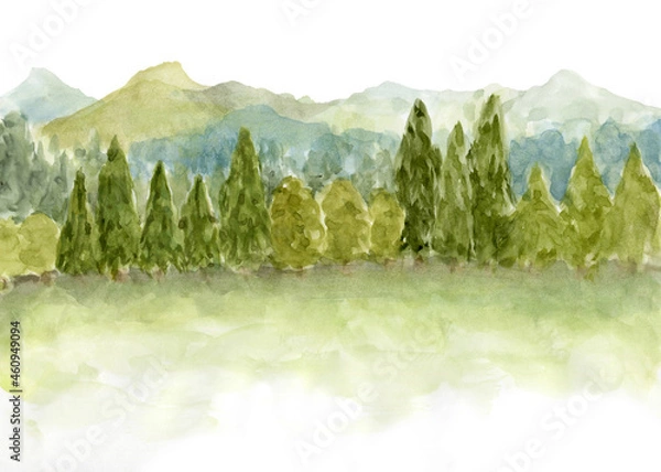 Obraz 高原の風景　アウトドア　木々と山々の背景イラスト