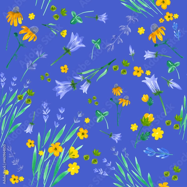 Fototapeta Seamless watercolor patterns with meadow flowers, leaves, herbs. Hand draw full color vector illustration for fabric, design.