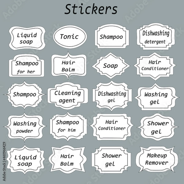 Fototapeta Stickers on a white background and transparent for sticking to bottles, containers, cosmetics, shampoos, cleaning products. Isolated vector objects.
