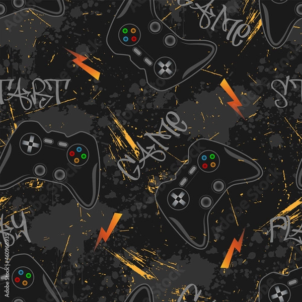 Fototapeta Cool print for guys with game joysticks on gray and orange grunge.