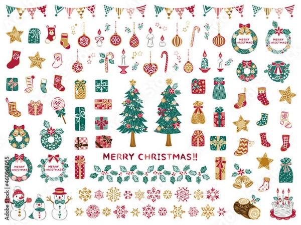 Obraz クリスマスツリー　リース　プレゼント　イラスト素材セット	