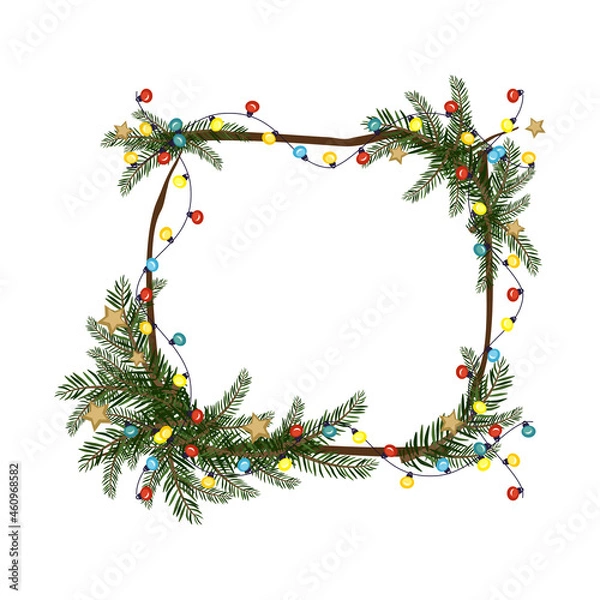 Fototapeta Christmas square frame made of fir branches with garland of colourful light bulbs and snowflake. Festive decoration for New Year and winter holiday