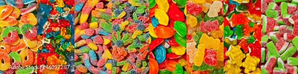 Fototapeta Texture of yellow, red and green candies. Sweets on a pile close up. Sweets shop window.
