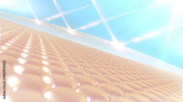 Fototapeta 3D Rendering skin cell with UV protection. Ultraviolet shield reflect. Advertisements for cosmetics, sunblock, lotion, serum.  UVA, UVB protection