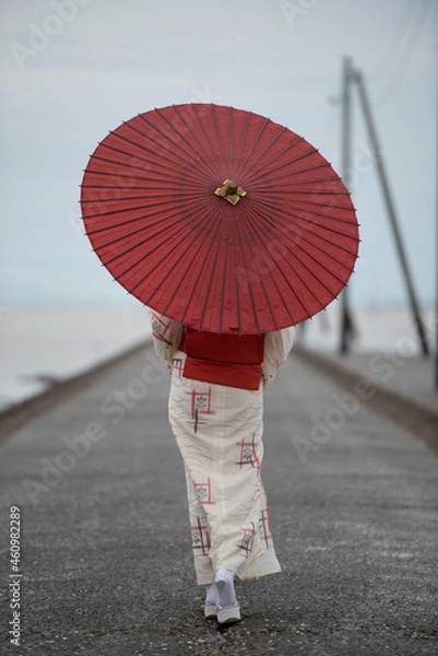 Obraz 和傘をさして歩いている着物を着た女性