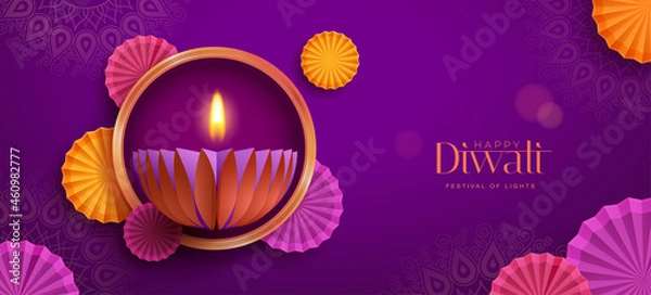 Fototapeta Happy Diwali. Paper graphic of Indian Diya oil lamp design with round border frame on Indian festive theme big banner background. The Festival of Lights.
