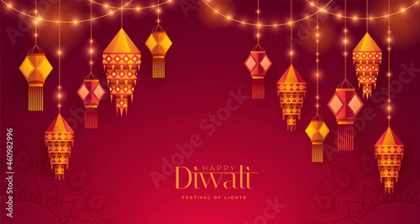 Fototapeta Happy Diwali. Group of paper graphic Indian lantern on Indian festive theme big banner background. The Festival of Lights.